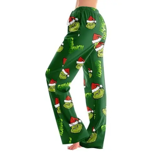 Produktbild: 𝑮𝒓𝒊𝒏𝒄𝒉 Schlafanzughose Weihnachten Hose Weihnachten Hosen mit Gummizug Thermo Hosen Damen Weihnachts Schlafanzug Herren Lang Herren Pyjama Lang Fitnesshose für Damen Weihnachtshosen Grün XL